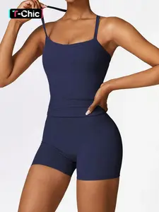 Two-Piece Set Women's Solid Backless Halter Crop Cami Top & High Waist Shorts Set, Casual Sleeveless Top & Skinny Shorts for Daily Wear, Ladies Two-piece Outfits for All Seasons