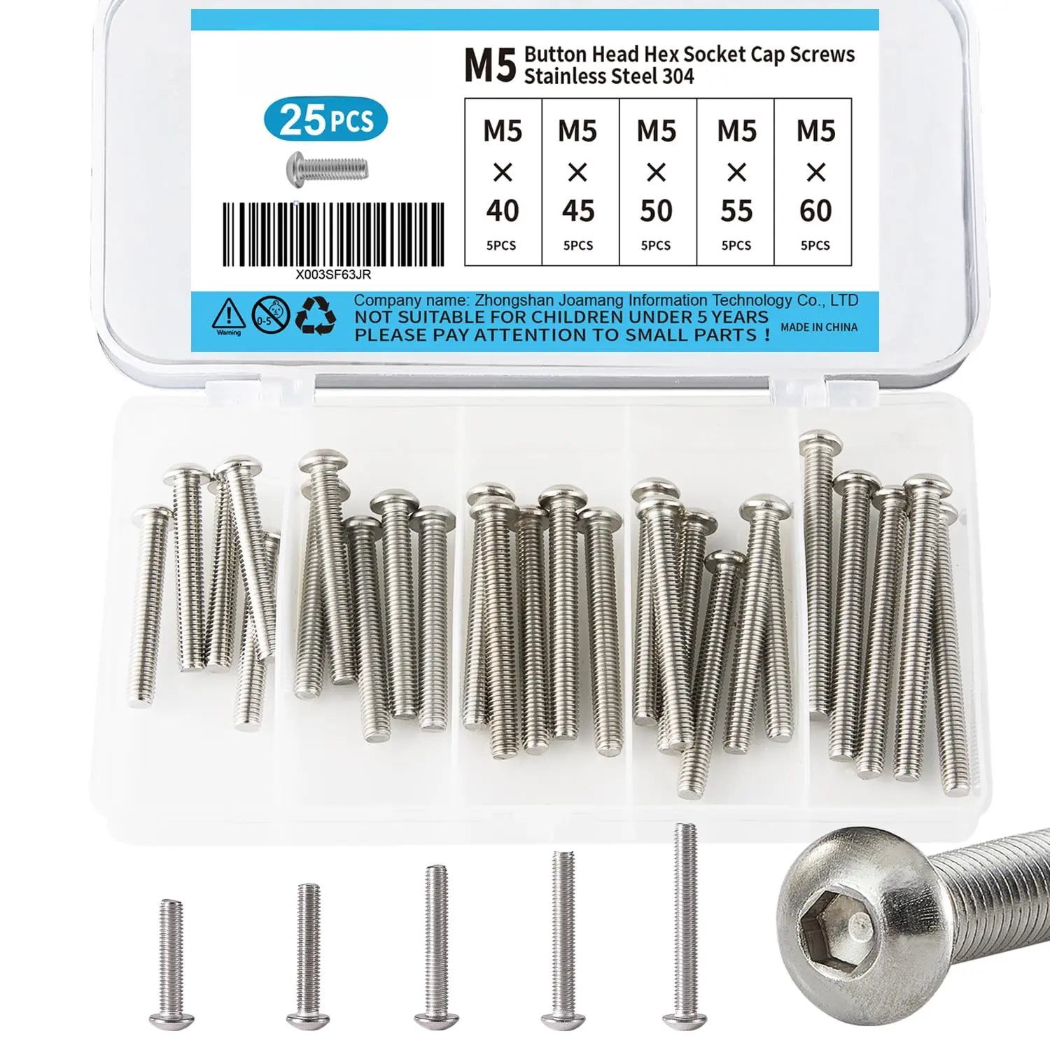 M5 x 40mm 45mm 50mm 55mm 60mm Button  Socket Cap Screws , Stainless Steel 304, Metric Allen Hex Drive, Bright Finish, Fully Threaded, Assortment Kit 25 count