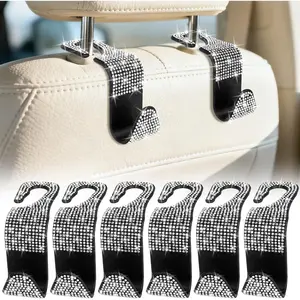6 Pack Bling Car Seat Headrest Hooks, Bling Car Accessories for Women, Rhinestone Purse Hook for Car, Universal Storage Organizer for Handbag Grocery Bags Coats (Bling White)