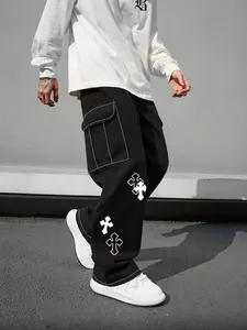 American high-street men’s cargo casual pants with a cross print, featuring contrasting topstitching and multiple pockets, a drawstring waist, a loose straight wide-leg fit, breathable, skin-friendly, comfortable, and non-restrictive—ideal for everyday ou