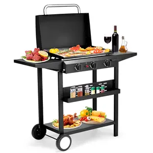 30,000 BTU 3-Burner Gas Griddle with Ceramic Coated Cast Iron - Flat Top Propane Grill for Outdoor BBQ with Spice Rack & Side Shelves