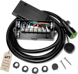 4 Ft 7 Pin Trailer Wiring Harness With 7 Gang Junction Box, Heavy Duty 7 Way Trailer Junction Box 7 Pole Waterproof for RV Trailers, Campers, 7 Pin Trailer Plug With Dust Cover- Pure Copper