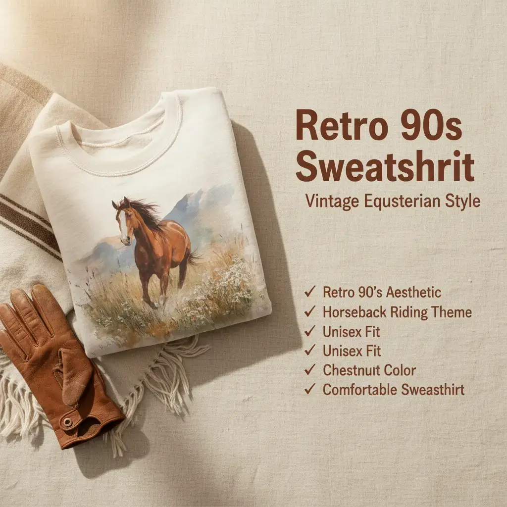 Unisex Sweatshirt with Retro 90's Chestnut Horse Graphic, Casual Cotton Long Sleeve Round Neck Pullover