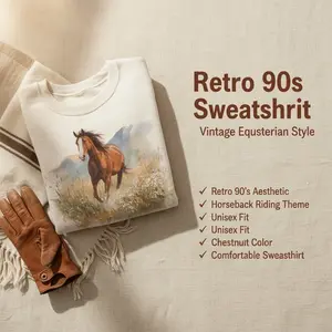 Unisex Sweatshirt with Retro 90's Chestnut Horse Graphic, Casual Cotton Long Sleeve Round Neck Pullover