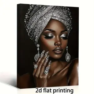 [2D Flat] A framed wall art, Wall Decoration, measuring 11 x 8 x 15.7inch cm, adorned with silver glitter embroidery depicting African women Suitable for decorating bedrooms, offices, living rooms, cafes, bars, and dormitories