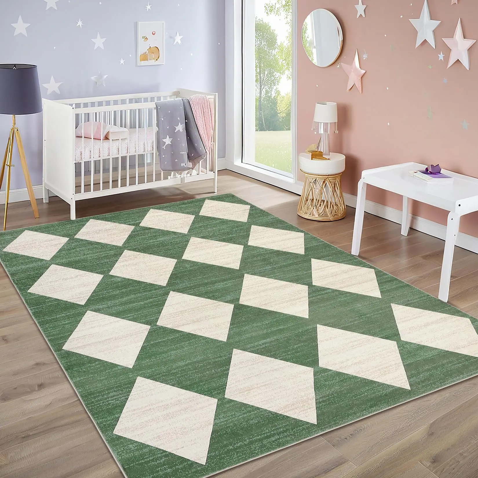 Garvee Living Room Rug 8x10 Washable Area Rug for Bedroom Nursery Neutral Area Rugs Modern Checkered Office Carpet Stain Resistant Farmhouse Floor Cover Green Rugs