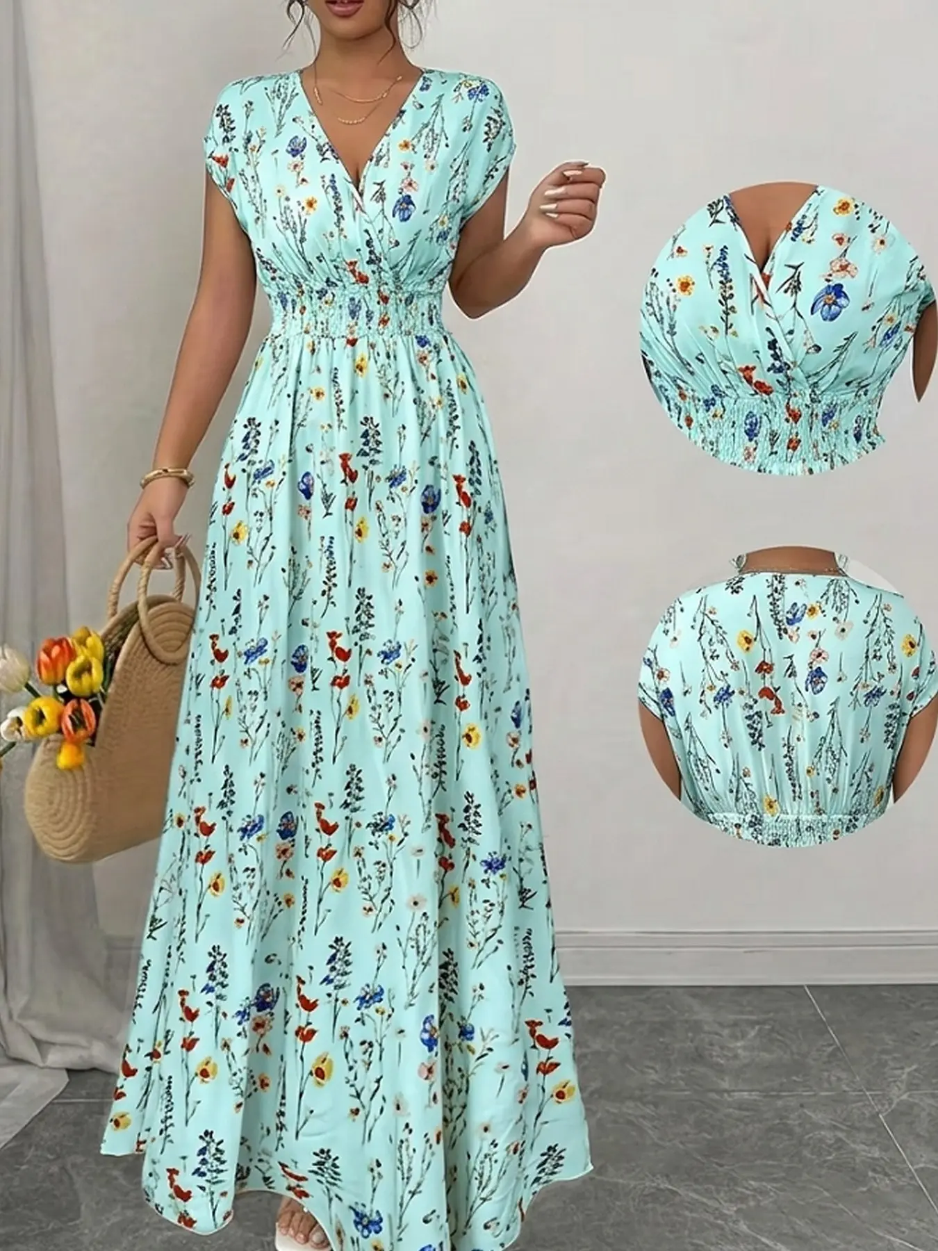 Plus Size Floral Short Sleeve Vneck Dress, Slim-Fitting Boho Style, Bohemian Print Dress, All over Print, Waist Cinch, French Chic, Spring Summer Fashion, Boho Sundresses, Casual Wear, Maxi