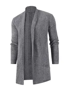 Men's Plus Size Heathered Open Front Longline Knit Cardigan with Pockets