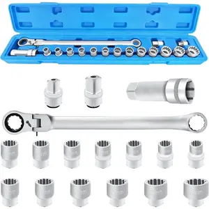 17 count Extra Long Flex- Ratcheting Wrench Set, 180  Flex , 10-24mm Replacement Heads, Double Box End Wrench Set, 72  for Garages, Repair Shops, and DIY, Universal Spline