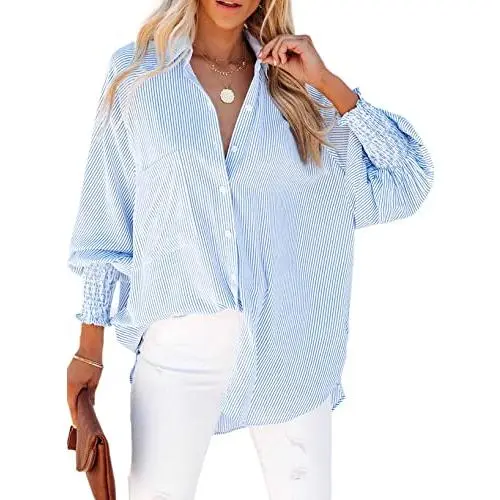 Women's Casual Oversized Boyfriend Shirt - Long Sleeve Striped Button Down Blouse with Smocked Cuff, Shirred Detail, and Pocket, Perfect for Everyday Wear, Comfortable Loose Fit Tops, Fashionable Collar Design, Lightweight Breathable Fabric Women's Casual Oversized Boyfriend Shirt - Long Sleeve Striped Button Down Blouse with Smocked Cuff, Shirred Detail, and Pocket, Perfect for Everyday Wear, Comfortable Loose Fit Tops, Fashionable Collar Design, Lightweight Breathable Fabric