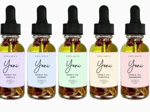 Organic Yoni Oil - 1oz Cosmetic Single Item with Dropper Cap, Multiple Scents (Cherry, Strawberry, Peach, Pineapple), All Skin Types, Edible for Gourmet Desserts & Drinks, 12-Month Shelf Life, Body Care & Massage Oil