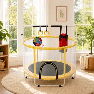 54 Inch Mini Indoor Outdoor Trampoline with Safety Net, Adjustable Gymnastics Bar, Basketball Hoop, Boxing Bag, Rings & Ocean Balls – Round Bouncing Toy for Active Home Play