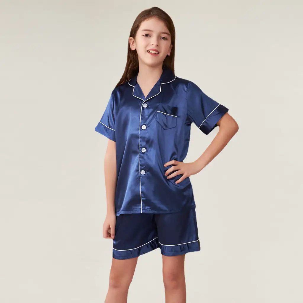 Premium Satin Pajama Set for Kids Baby Boys Girls Button-Up Loungewear Nightwear Gifts for Kids Shorts Casual Round Neck Pajamas