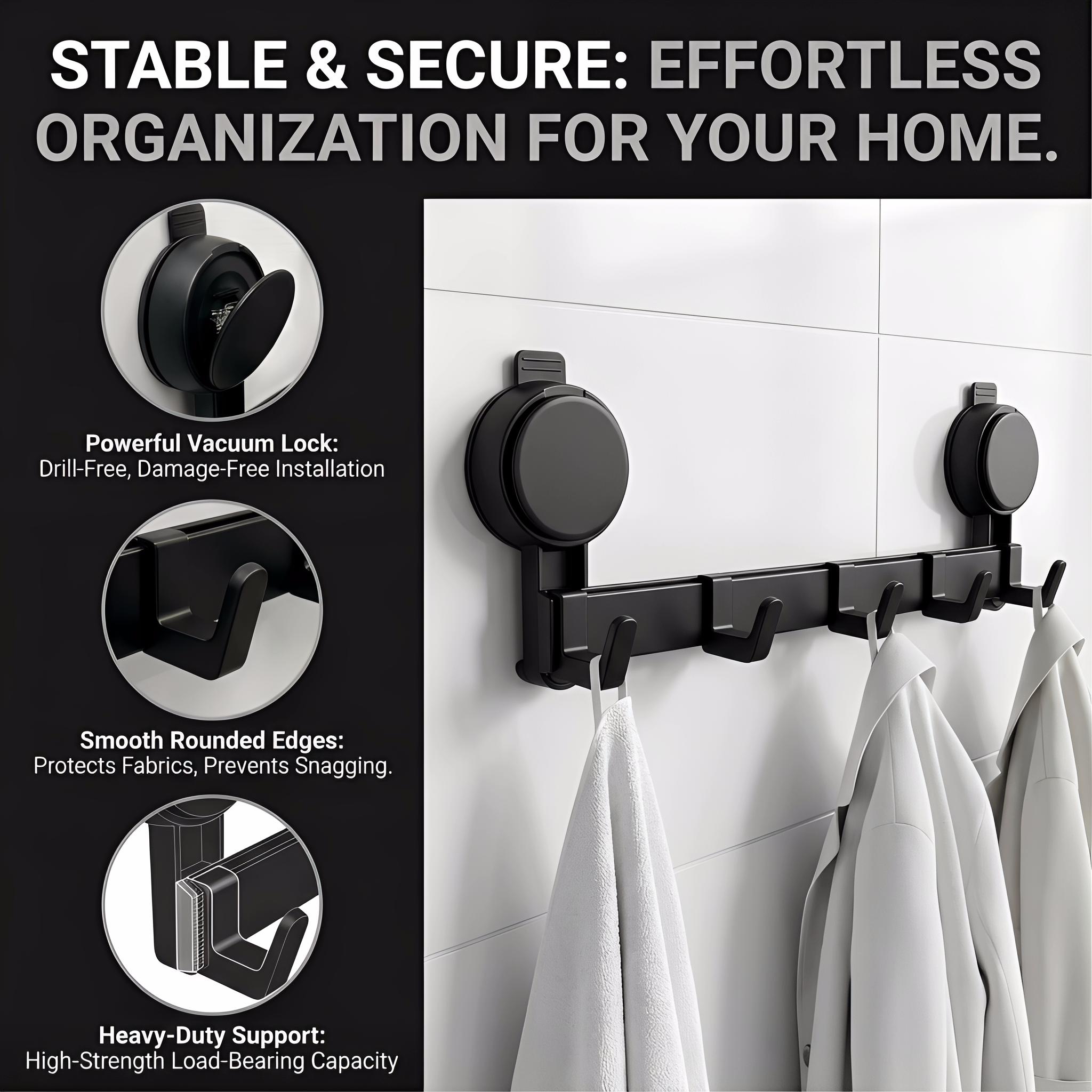 Heavy Duty 5 Hooks Black Suction Cup Hook Rack No Drilling Adjustable Towel Coat Hanger Removable Multi Use Damage Free Organizer for Bathroom Kitchen Entryway RV Office
