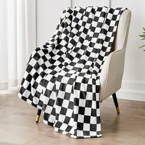 Checkered Blanket Flannel Throw Blankets Soft Cozy Checkered Grid Print Chessboard Gingham Pattern Throws for Bed Sofa Couch for All Seasons, Black
