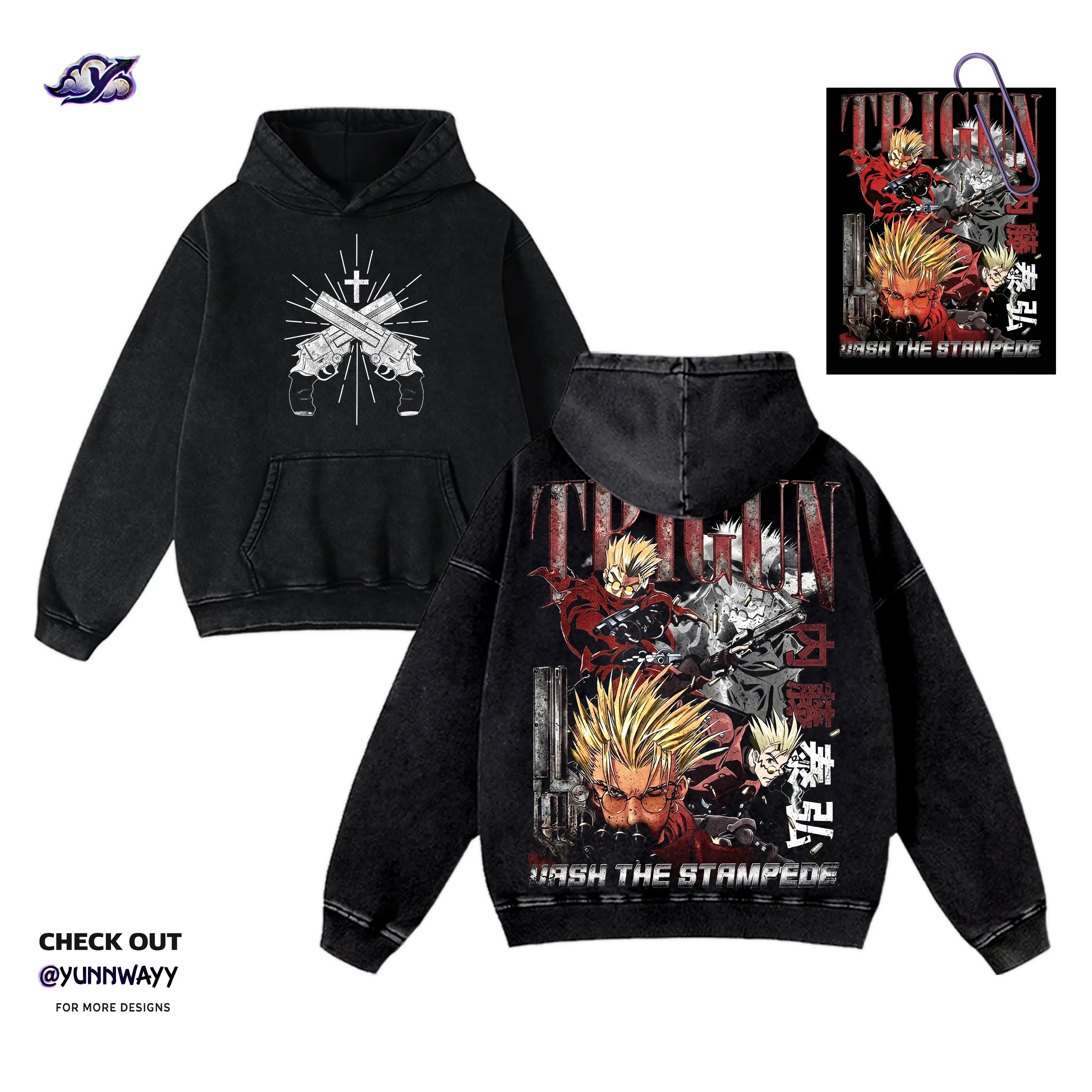 Men's Trigun Anime Long Sleeve Pullover Hoodie - Double Printed Bootleg Graphic, Vintage Heavyweight Cotton Fabric, Soft Unisex Menswear Streetwear, Gift for Anime Fans