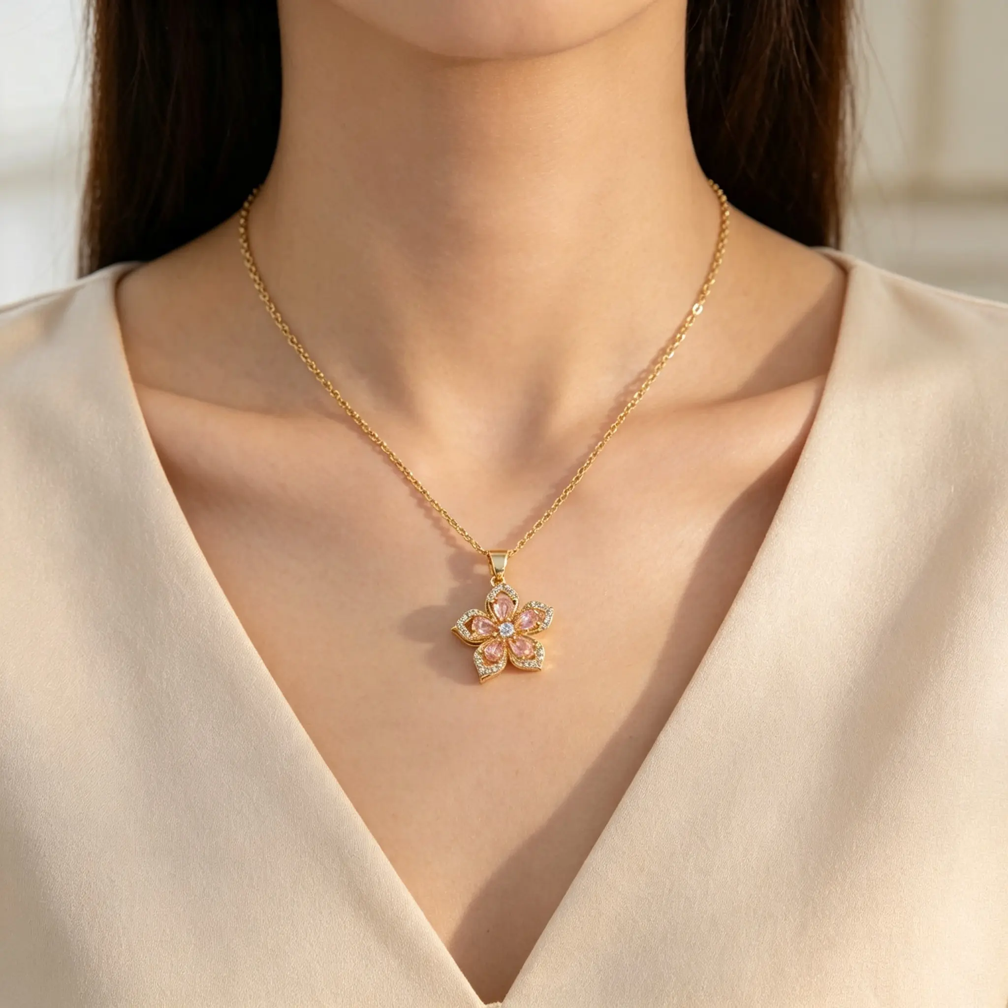 Golden flower brooch necklace, rotatable flower pendant necklace, Bauhinia flower necklace, women's necklace, flower niche light luxury new necklace