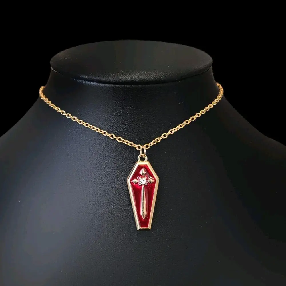 Red Gold Coffin Cross Pendant Necklace -