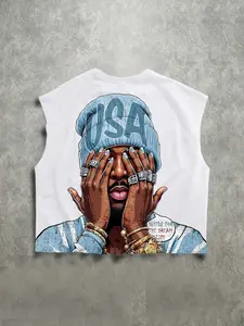 Short vest Y2K style vest USA rapper printed vest portrait vest loose fitting unisex sleeveless t-shirt men's summer 2026 new aesthetic geometric casual vest American retro European and American street fashion brand vest casual Menswear