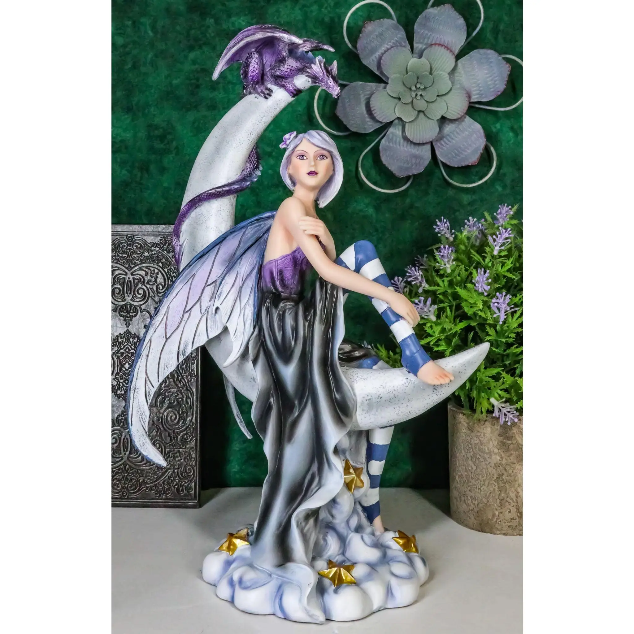 Ebros Gift Large Celestial Crescent Moon Fairy With Pet Dragon Figurine 13"H