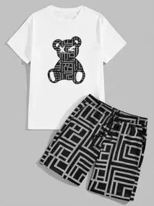 Maze Bear Pattern T-Shirt and Shorts Set, Soft Breathable Fabric, Fashionable Comfortable Two-Piece, Ideal for Casual Wear