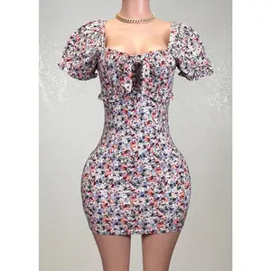 GARDENIA DUSTY BLUE RUFFLED FLORAL BODYCON MINI DRESS