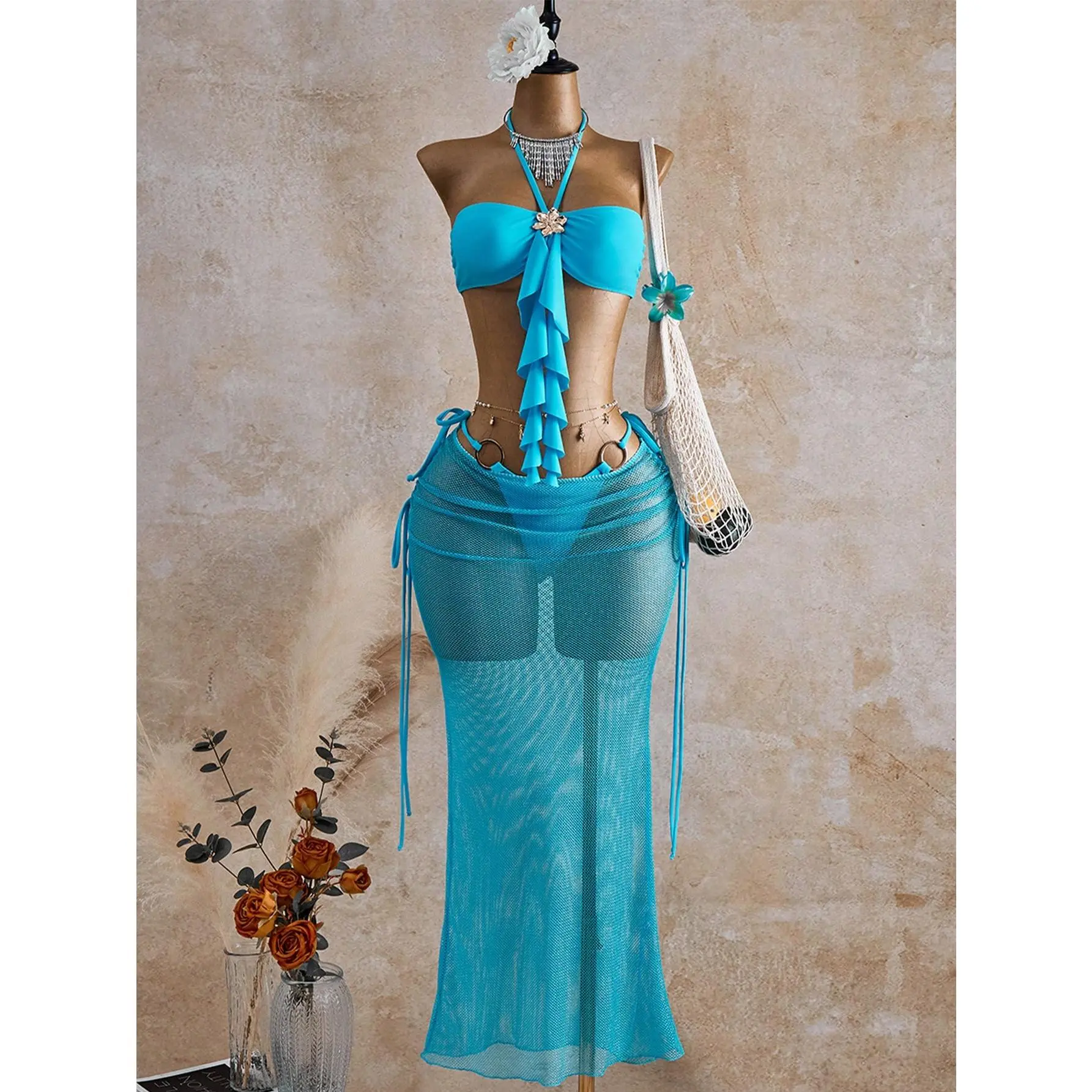 Women's Summer Beachwear Fashion Beach Vacation Halter Tie Bikini Set With Metal Flower Accessories, Sheer Mesh Maxi Women Vacation Outfit Sets