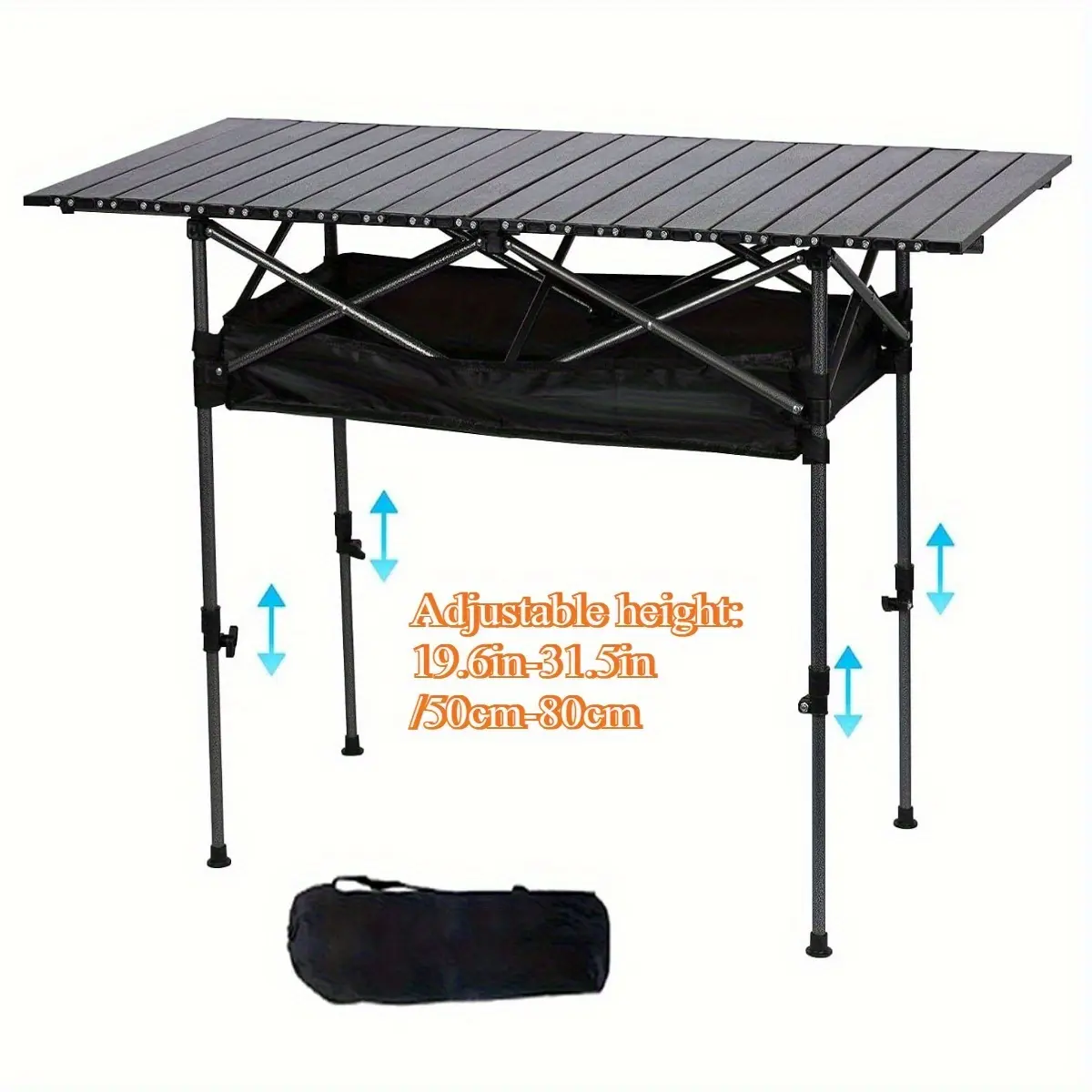 Folding Camping Table - Multipurpose Large Portable, Height-Adjustable, with Large Storage Basket & Carrying Bag, Suitable for Indoor, Outdoor Camping & Backyard Barbecues (Car Interior Accessory Mount Compatible), Folding Table, Adjust Height