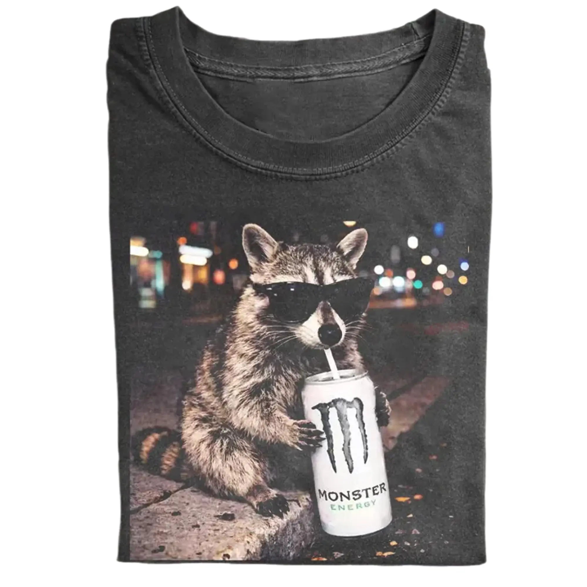 Vintage Raccoon Energy Drink Shirt, Funny Cool Animal Tee, Streetwear Night Vibe Graphic Tee, Trendy Meme Raccoon T-Shirt, Aesthetic Urban Style Tee, Gift for Men, Gift for Women