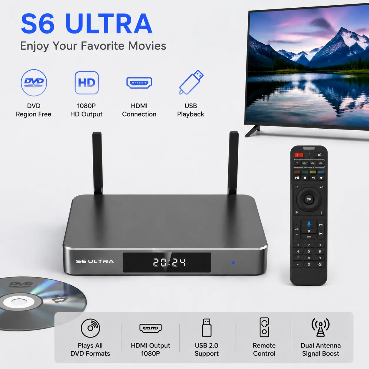 S6 Ultra DVD Player with 4K HD Output, Dual WiFi Antennas & Voice Remote Control, Home Entertainment Media Player for Movies and Family TV Setup