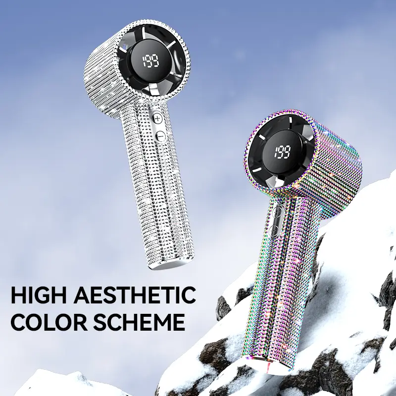 Luxury Full Diamond High-Speed Handheld Fan, Portable, Rechargeable, Digital Display & Speed Ajustable, Summer Gift, outdoor Adjustable Solar Fishing