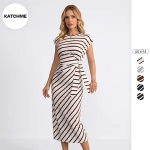 KatchMe Women's Chic Color Matching Striped Cap Sleeve Knotted Slinky Maxi Dress, Versatile Summer Soft Holiday Dresses, Casual Minimalist Womenswear