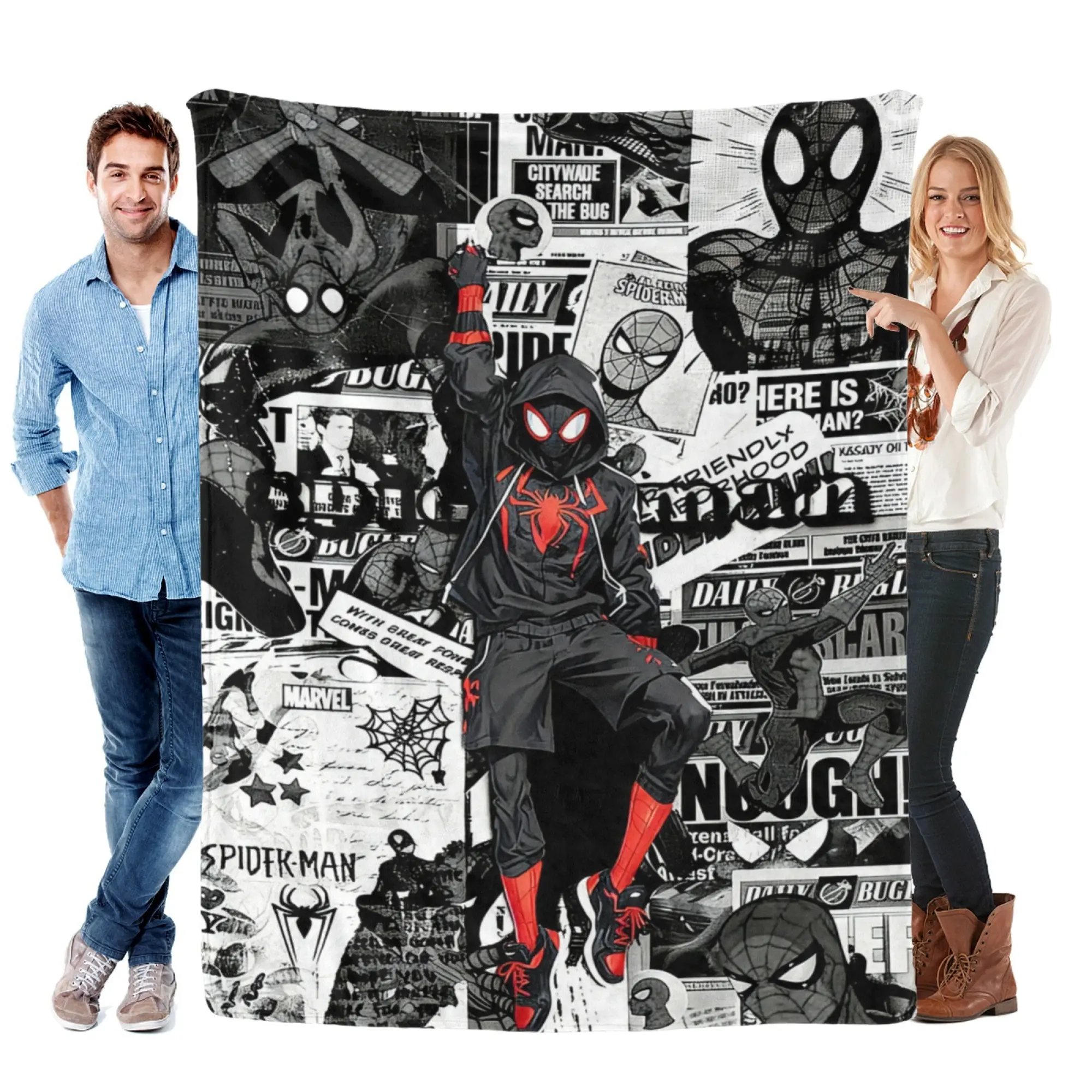 [SummerVibes] MARVEL CLASSIC Spider-Man Miles Morales Soft Flannel Blanket, Comic Newspaper 2D Print Cozy Throw for Bed, Couch, Teens & Marvel Fans