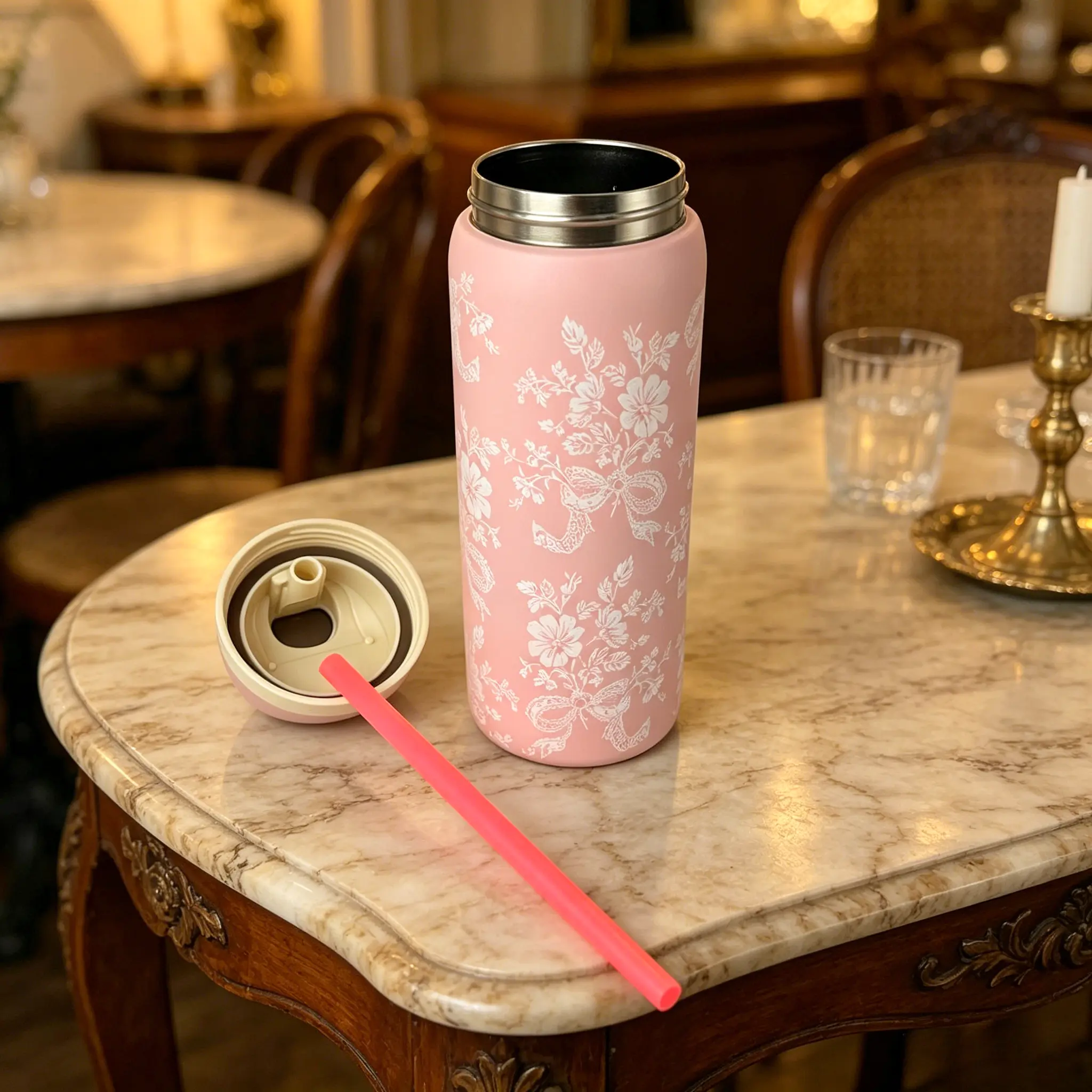 Aesthetic Lace Blush Pink Vacuum Flask - 32oz/945ML Portable Freesip Water Bottle with Straw, Loop Lid, 24+Hr Temperature Retention, Suitable for Camping, Work
