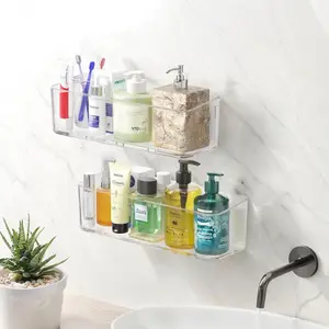 2 count Clear Shower Shelf, Large Bathroom Wall Mounted Shower , No Drill Self Adhesive Bathroom Organizer with Self Adhesive Tape