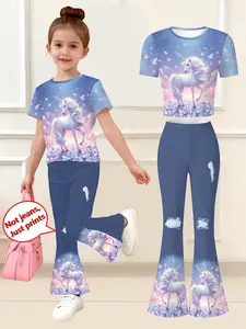 Girls' Star Unicorn Short Sleeve Denim Bell Bottom Set, High Stretch Washable, Dream Princess Style, Casual Wear for Festivals and Playdates