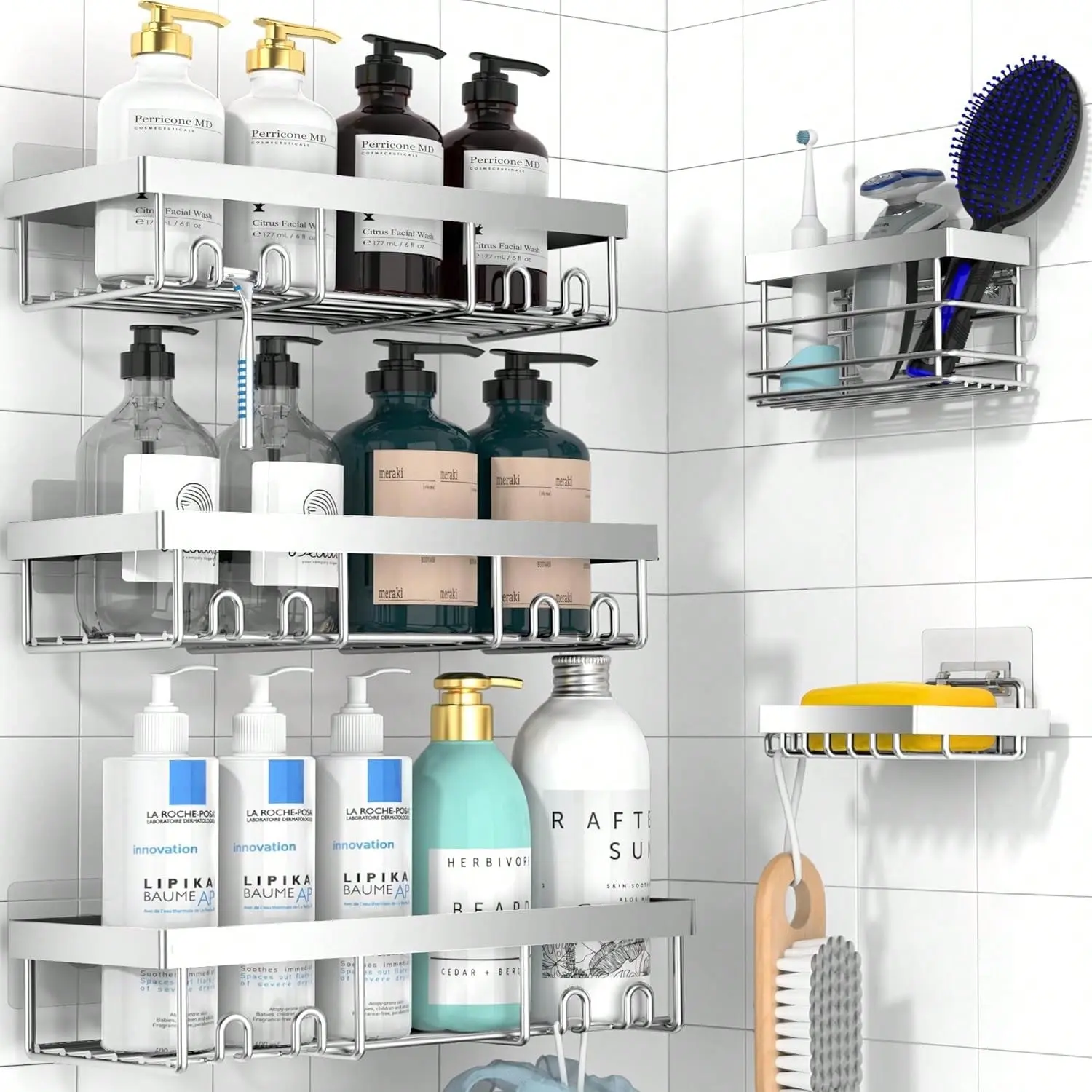 2/3/5PCS Black Wall Mounted Bathroom Storage Rack With Soap Caddy & Toothbrush Holder Wall Mounted Bathroom Storage Rack, Large Capacity Bathroom Hanging Shelf, Stainless Steel Bathroom Tray, Soap Storage Basket, Shampoo Shower Gel Holder Organizer