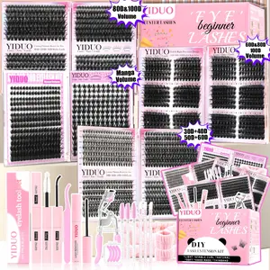 Eyelash Cluster Gift Kit(1894/2152 Pcs) 30D-100D&Cat Eye &Spikes &Manga Volume D-Curl Cluster Eyelash Extension Kit with Adhesive、Eyelash curler and Eye Makeup Tools, 2 Mixed-Style Volume False Eyelashes Kit for Easy DIY at Home