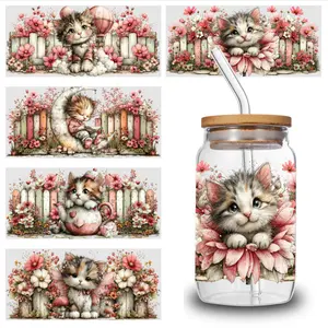 5 Sheets Cute Cat UV DTF Stickers Themed UV DTF Transfer Paper - Waterproof & Scratch Resistant, 3D Crystal Clear Decals for Glass Cups, Mugs, Laptops, Refrigerators