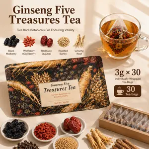 Ginseng Five Treasures Tea, 5-in-1 Herbal Tea Blend with Goji, Jujube, Mulberry & Roasted Barley, Caffeine-Free Daily Wellness Tea, 30 Bags