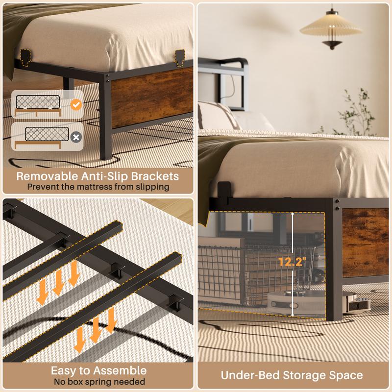 Homieasy Bed Frame with Charging Station and LED Lights, Adjustable Upholstered Headboard, Steel Slat Support, No Box Spring Needed, Rustic Brown king  bed Unique Bedroom Furniture