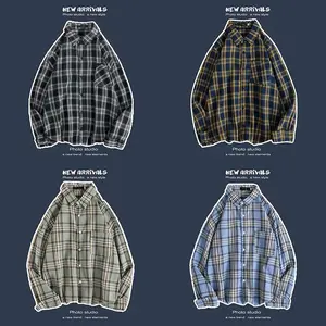 Men’s Spring/Autumn Korean-Style Casual Loose-Fit Long-Sleeve Shirt, Hong Kong Style, Versatile Vintage Plaid Jacket for Couples