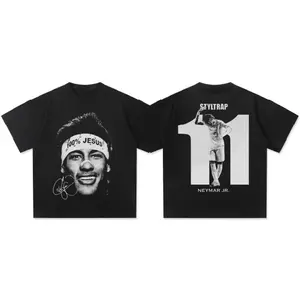 Neymar Retro American Hip Hop Graphic Printed T‑Shirt Acid Snow Wash Oversized Heavyweight Cotton Crew Neck Short Sleeve Top Trendy Streetwear Casual Daily Summer Wear Unisex Fashion Accessories Tee For Men Women Soccer Fan Gift