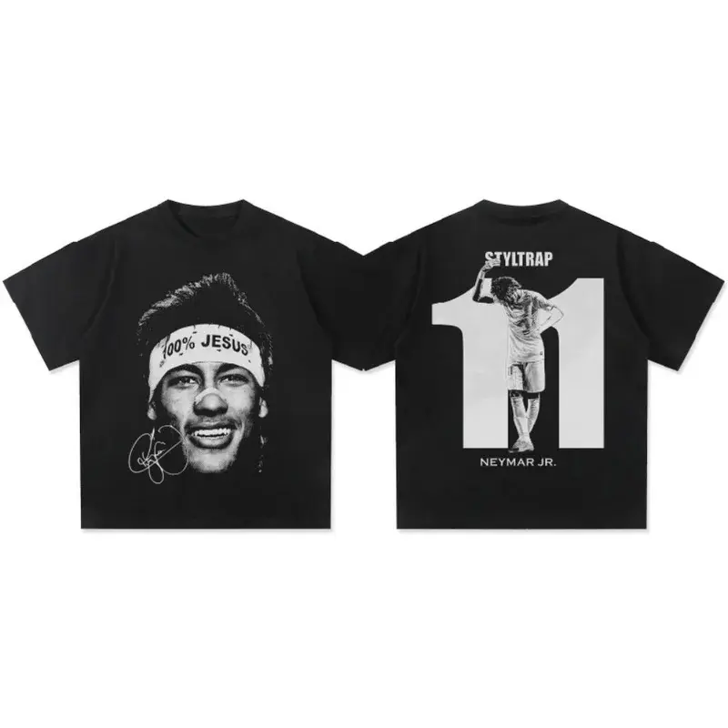 Neymar Retro American Hip Hop Graphic Printed T‑Shirt Acid Snow Wash Oversized Heavyweight Cotton Crew Neck Short Sleeve Top Trendy Streetwear Casual Daily Summer Wear Unisex Fashion Accessories Tee For Men Women Soccer Fan Gift