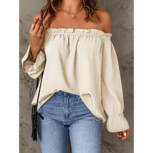 Women’s plain off-shoulder blouse, casual flounce-sleeve summer top, women’s clothing for daily wear shirts womenswear