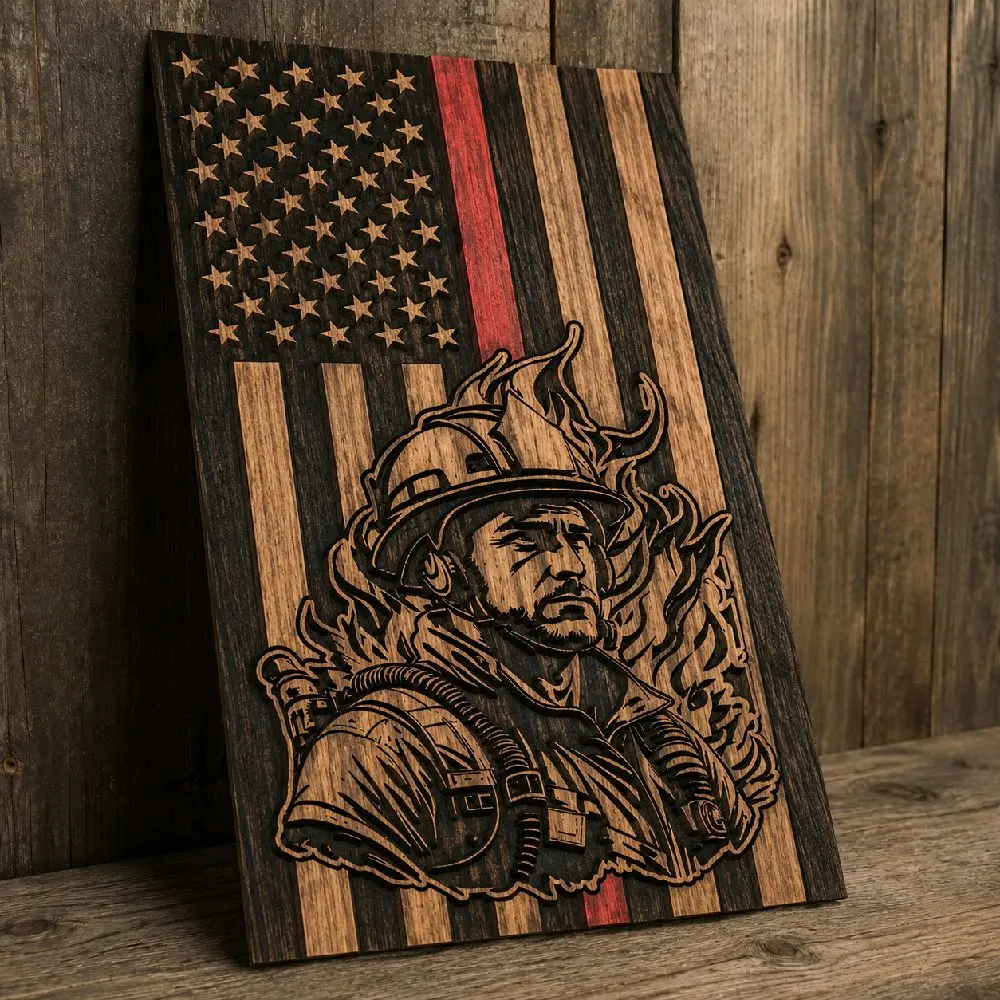 CNC-Made Fireman Themed Wood Flag, Handcrafted Patriotic Home Decor for Firefighter Enthusiasts
