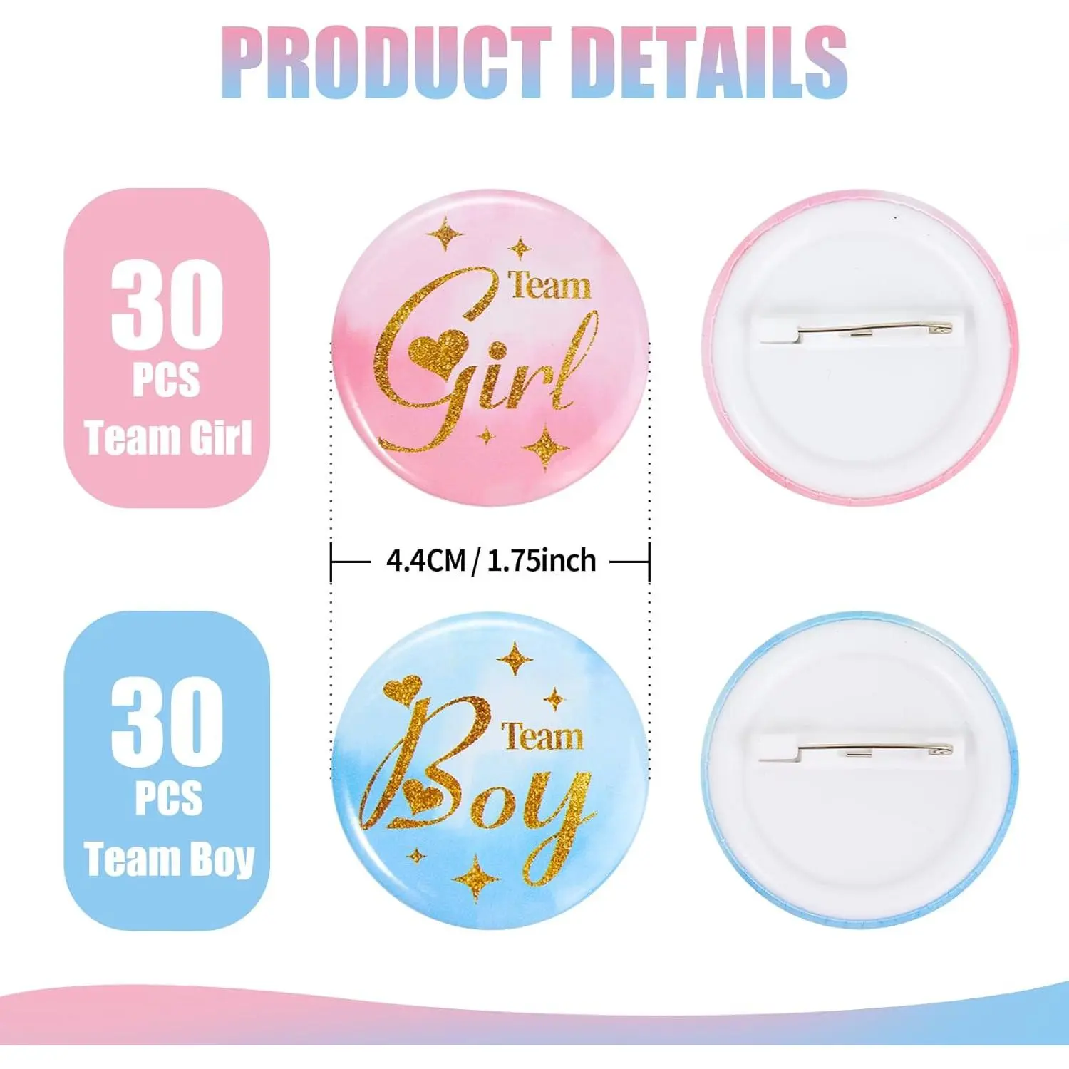 Cute Glittery Plastic Reusable Gender Reveal Button Pins, 60Pcs 4.4cm/1.75Inches Team Boy-Girl Photo Booth Props & Favors for Baby Shower Games, Guests - Home & Party Festive Supplies