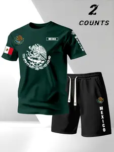 Summer Bestseller Men's 2-Piece Set, Mexican Eagle Snake Pattern, Round Neck Short Sleeve + Pocket Track Shorts, Casual Daily Wear, Gift for Husband/brother