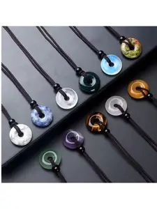 Unisex Natural Donut Shape Quartz Necklace Peace Clasp Pendant Reiki Crystal Jewelry for Festival Party Mother's Day Father's Day Gift