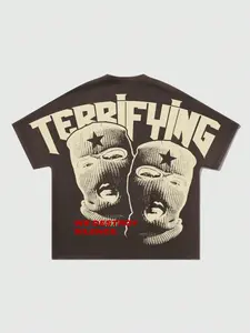 1pc Men's Drill Style Graphic T-Shirt Terrifying Ski Mask & Star Print Dark Brown Oversized Tee Retro Vintage Grunge Streetwear Back Graphic Top for Men